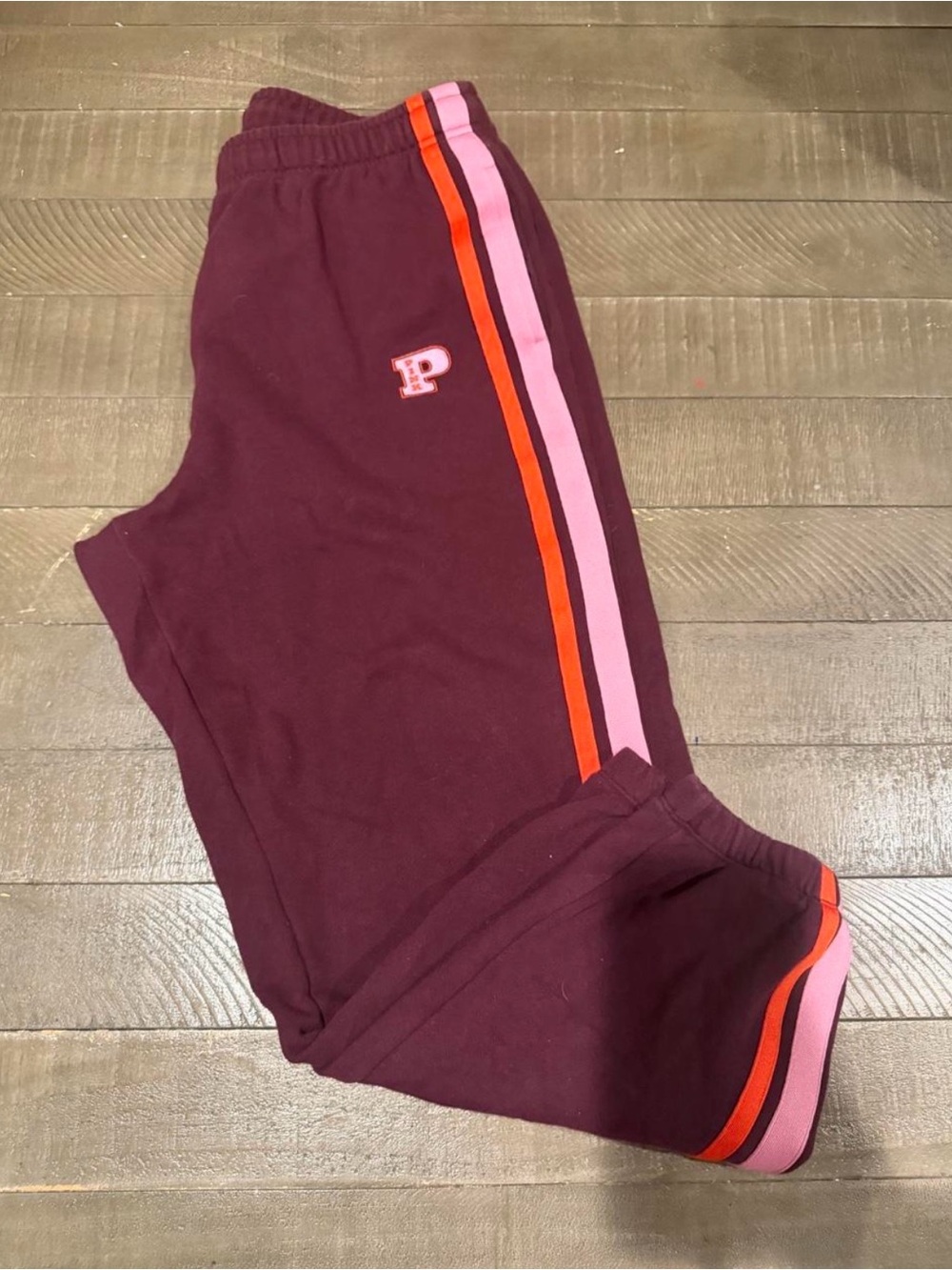 PINK Victoria's Secret Burgundy Joggers with Pink & Orange Stripes